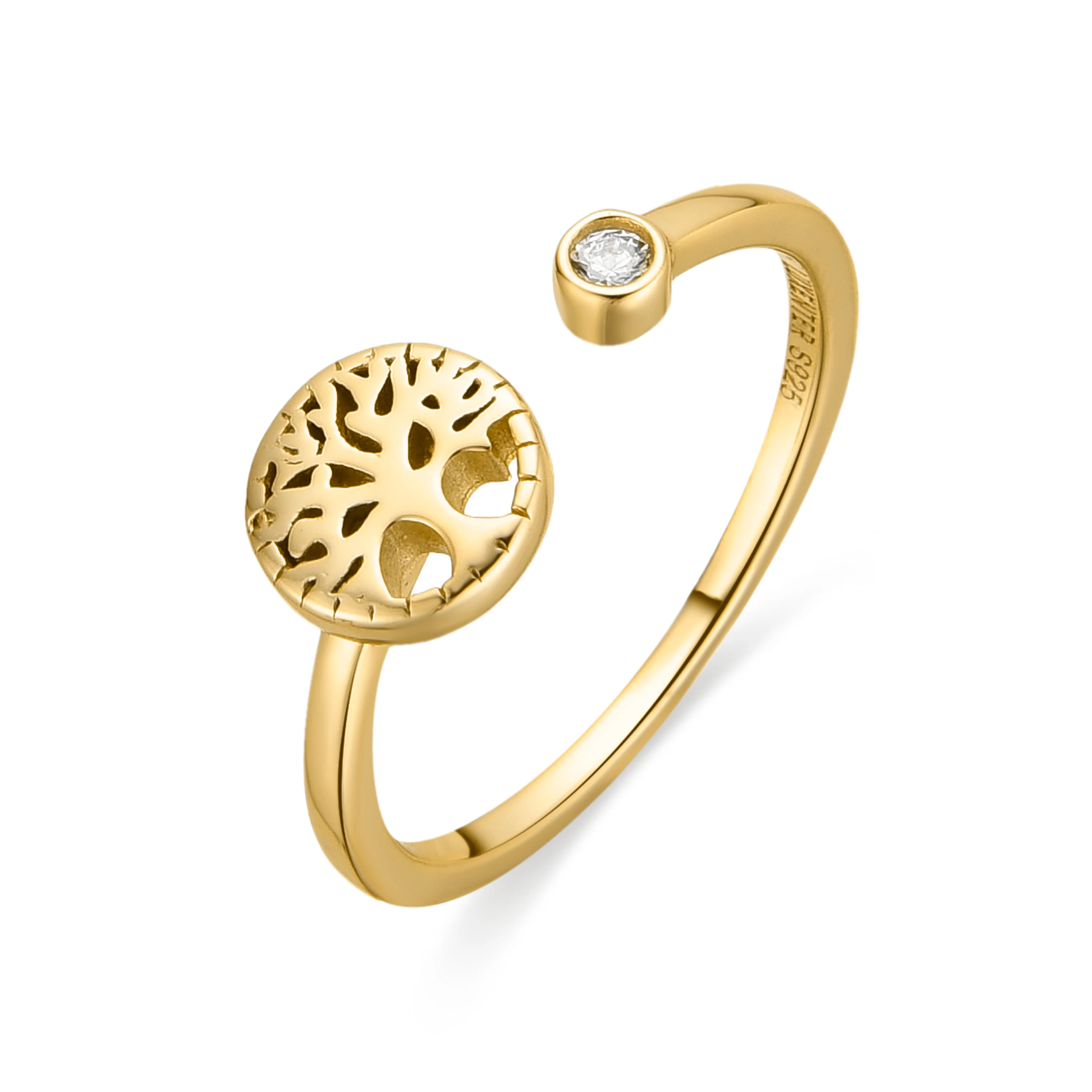 Anillo de Plata de Ley 925 y Circonita Brillante acabado oro amarillo de 18k - Arbol Vida