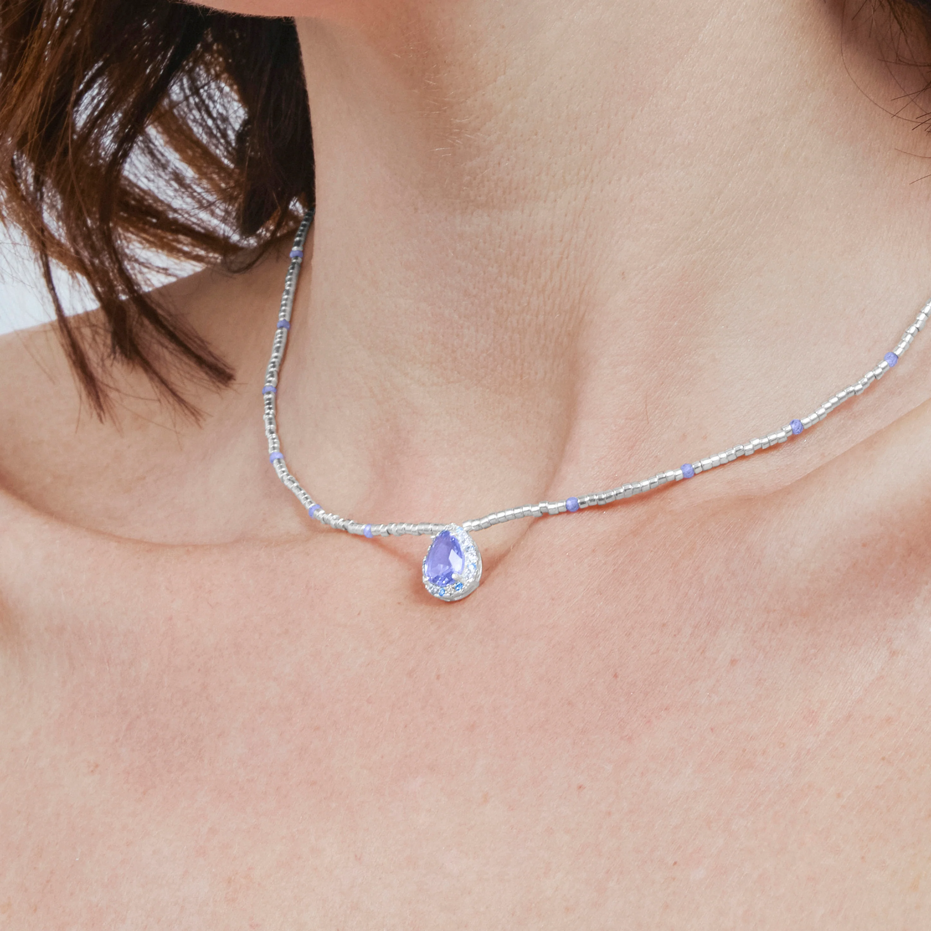 Collar de Plata de Ley 925 y Cuarzo Hidrotermal Topacio Azul acabado en rodio - Simder - Image 6