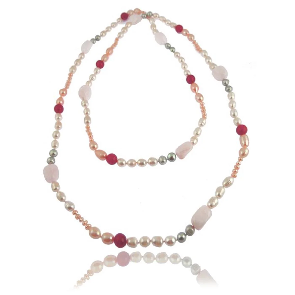 Collar plata, perlas cuarzo rosa y agata - Geel BLANCO