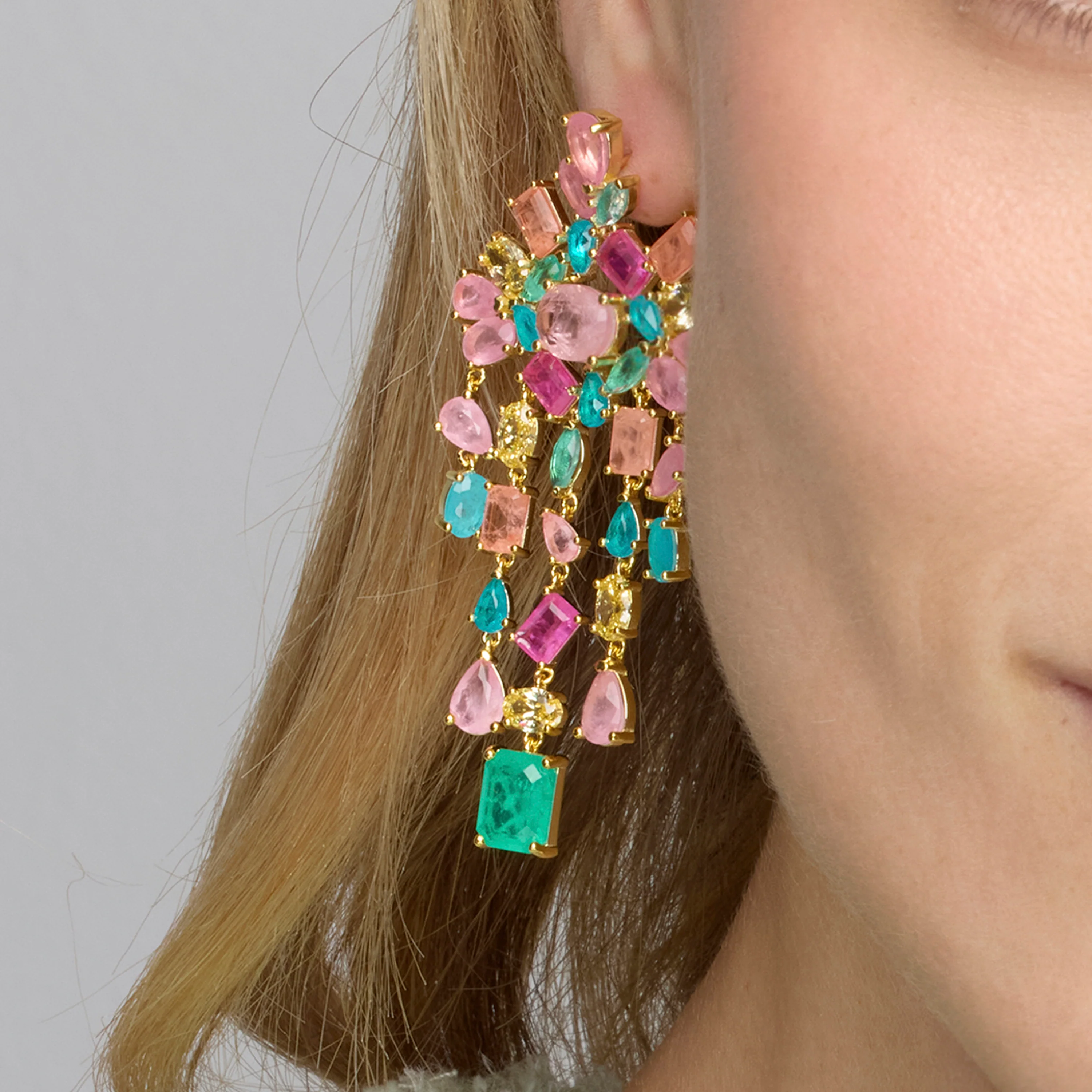 Pendientes de Plata de Ley 925 y Cuarzo Hidrotermal Multicolor acabado oro amarillo de 18k - Pangha - Image 4