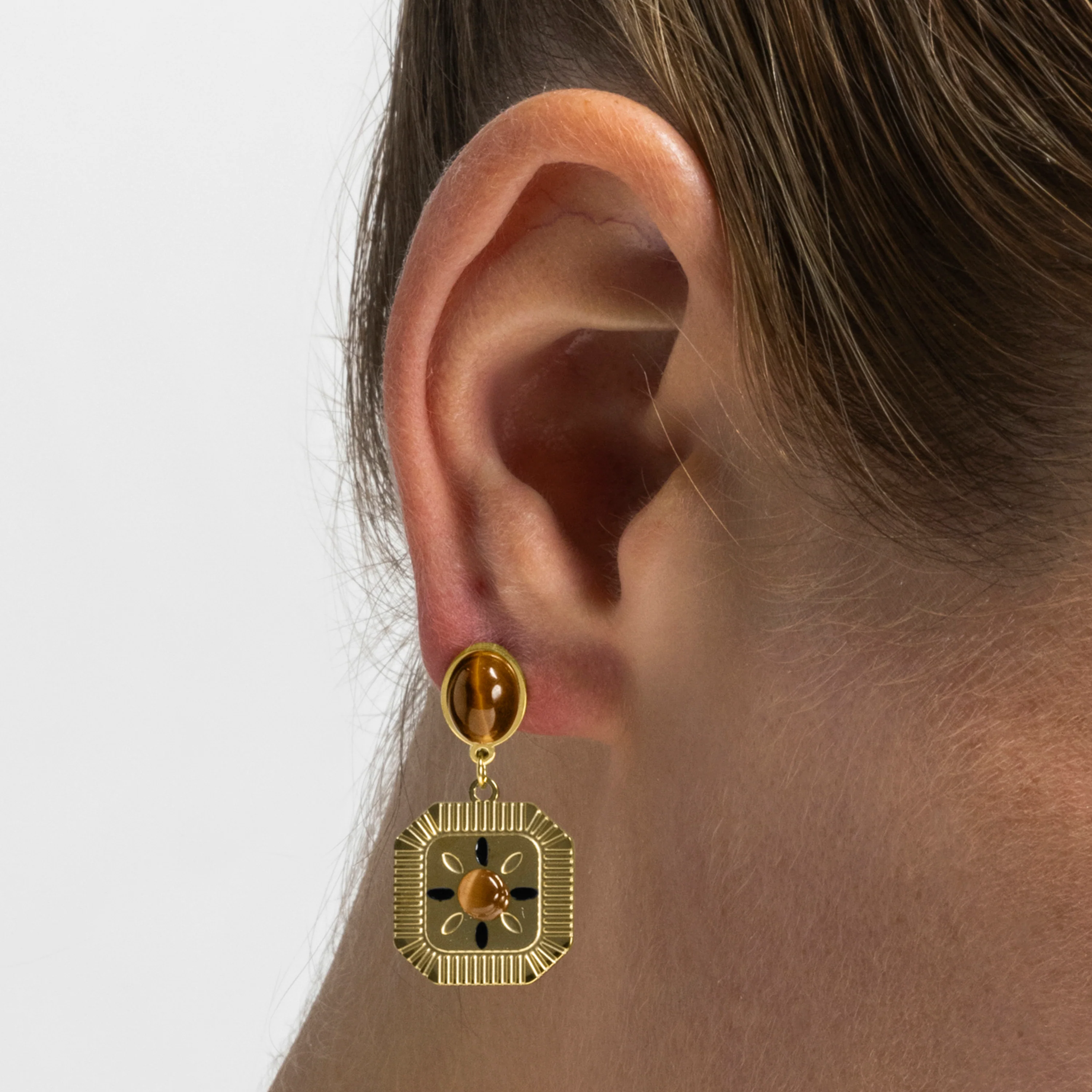 Pendientes con Ojo de Tigre acabado oro 18k - Waridi - Image 3