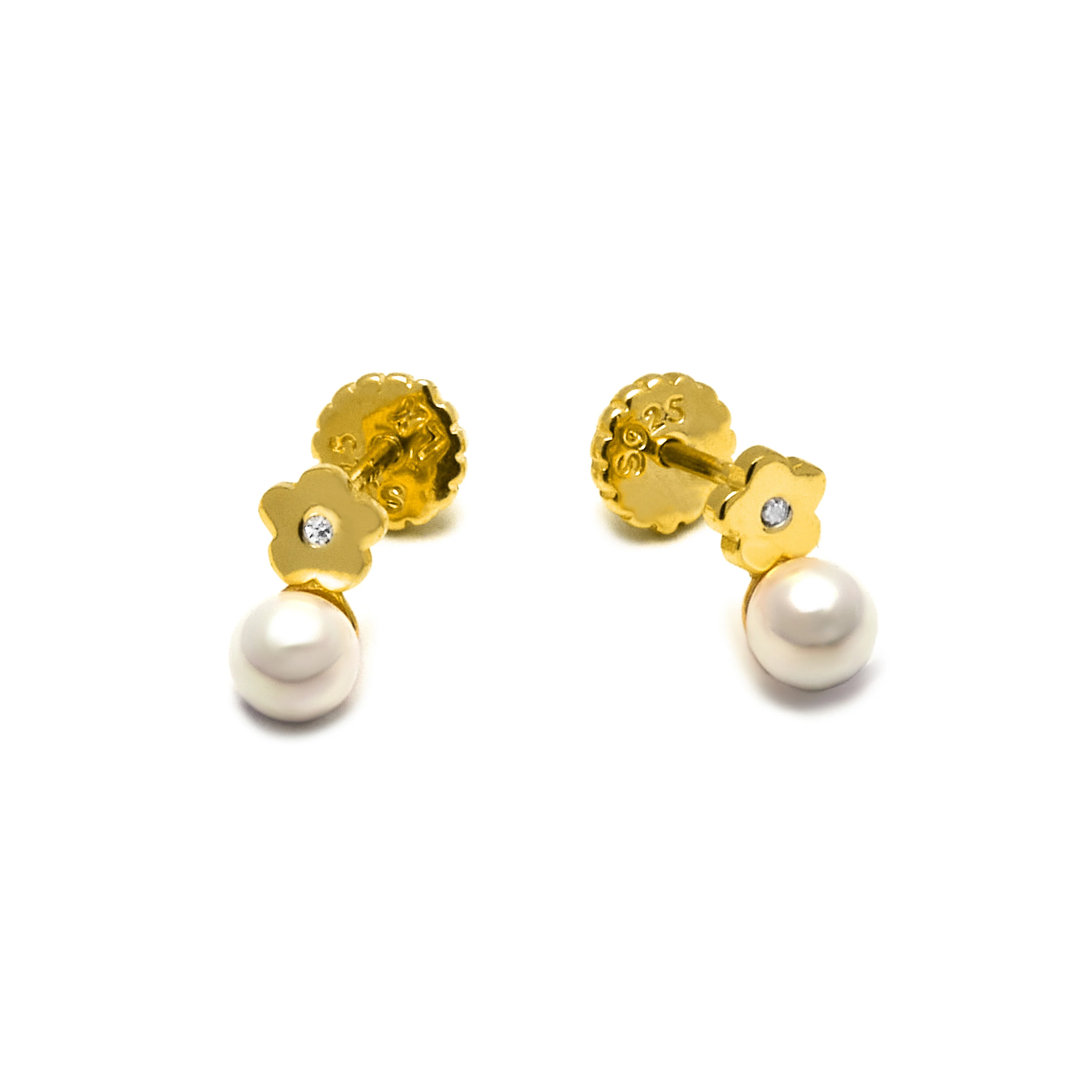 Pendientes de Plata de Ley 925 con Perla Blanca acabados en oro amarillo 18K - Zuga - Image 3