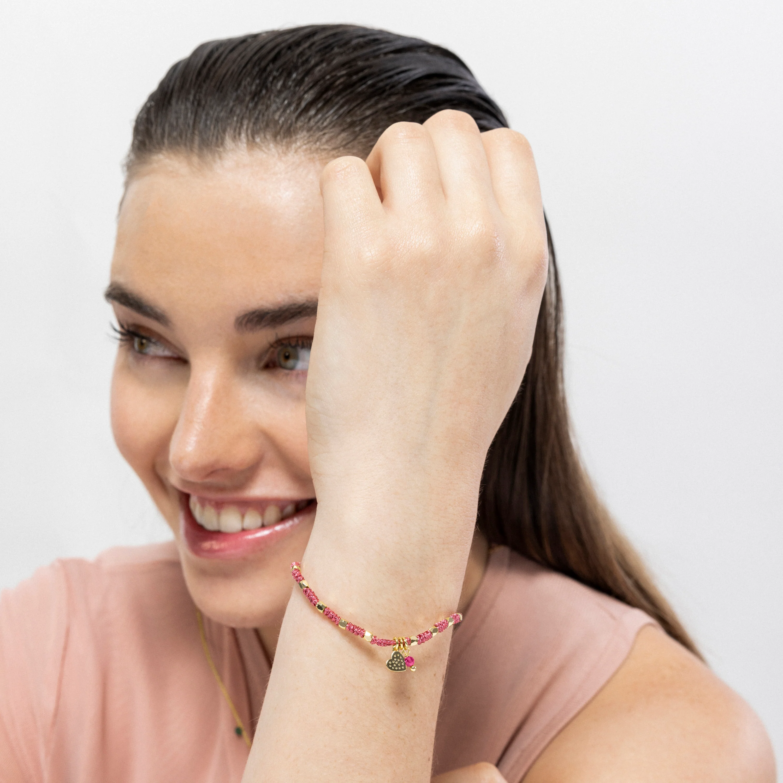 Pulsera de Plata de Ley 925 y Cristal Rosa acabada en oro amarillo 18K - Corazón - Image 2