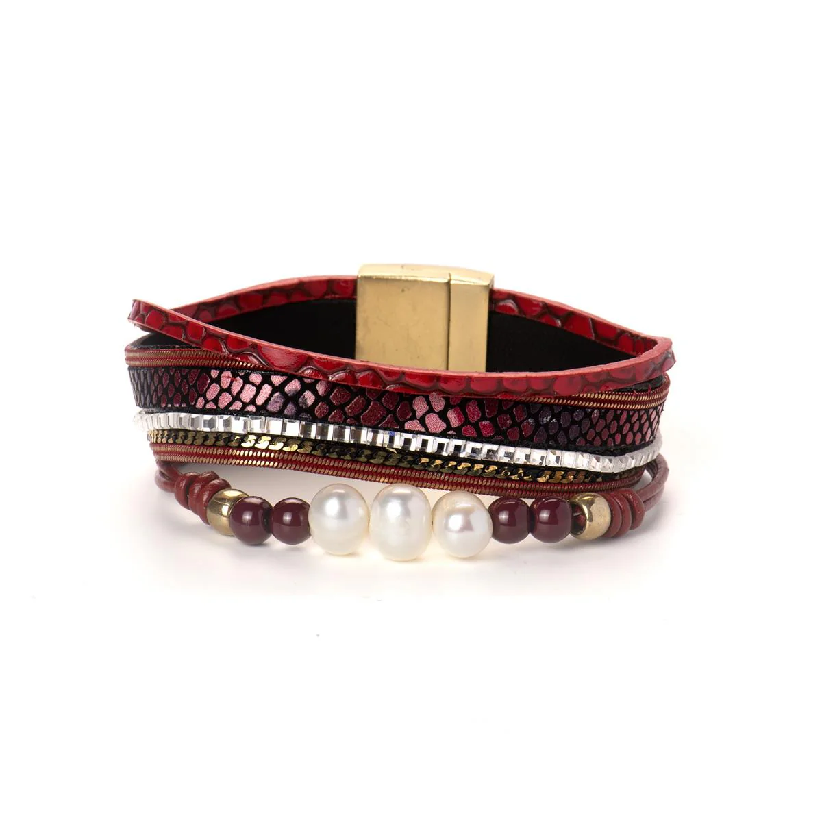 Pulsera Lyuk Metal, abalorios y Cuero Rojo - Lyuk MULTICOLOR