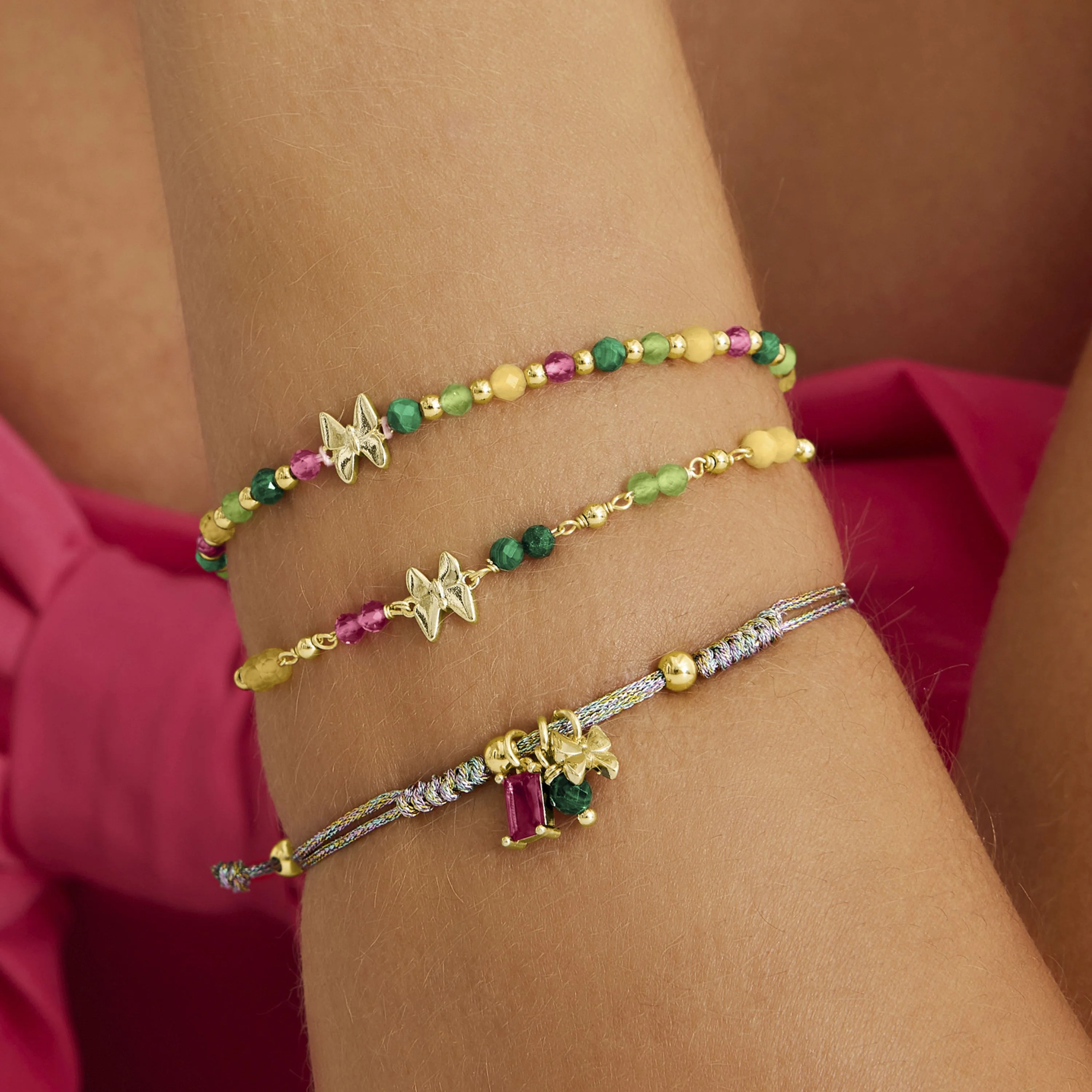 Pulsera de Plata de Ley 925 con Cristal Verde acabada en oro amarillo 18K - Mariposa - Image 3